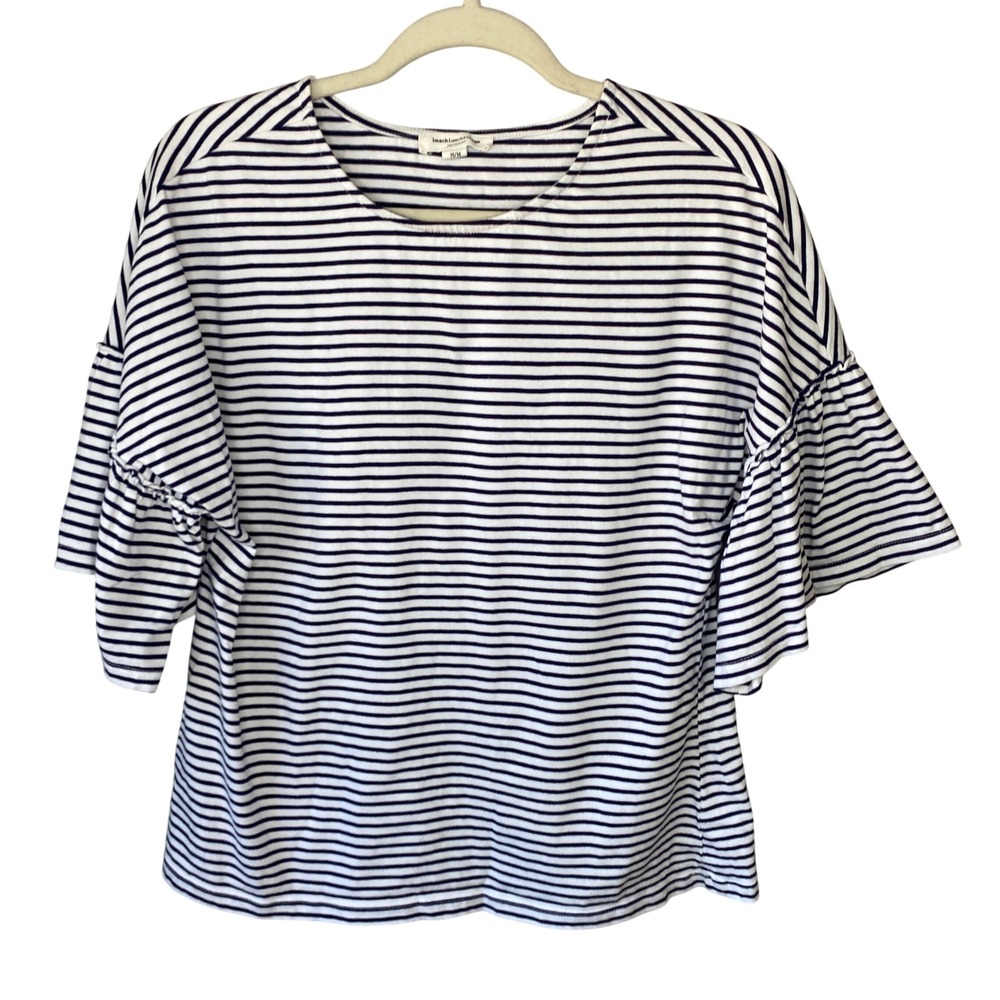 Beachlunchlounge Navy White Striped Ruffle Sleeve Cotton Top Womens Medium